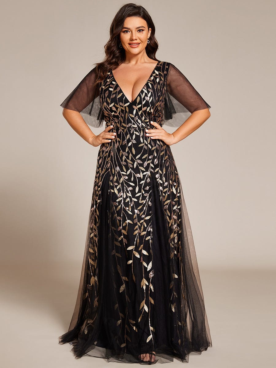 Plus Size V-Neck Leaf Sequin Tulle A-Line Maxi Dress Ever-Pretty Plus Plus Size V-Neck Leaf Sequin Tulle A-Line Maxi Dress Ever-Pretty Plus