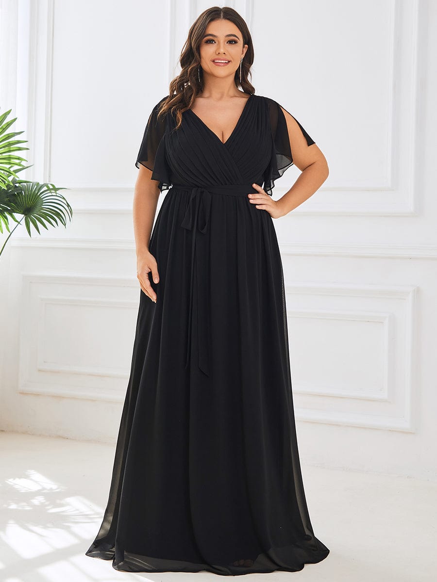 Plus Size Pleated Chiffon Tie-Waist Maxi Dress with Flutter Sleeves Ever-Pretty Plus Plus Size Pleated Chiffon Tie-Waist Maxi Dress with Flutter Sleeves Ever-Pretty Plus