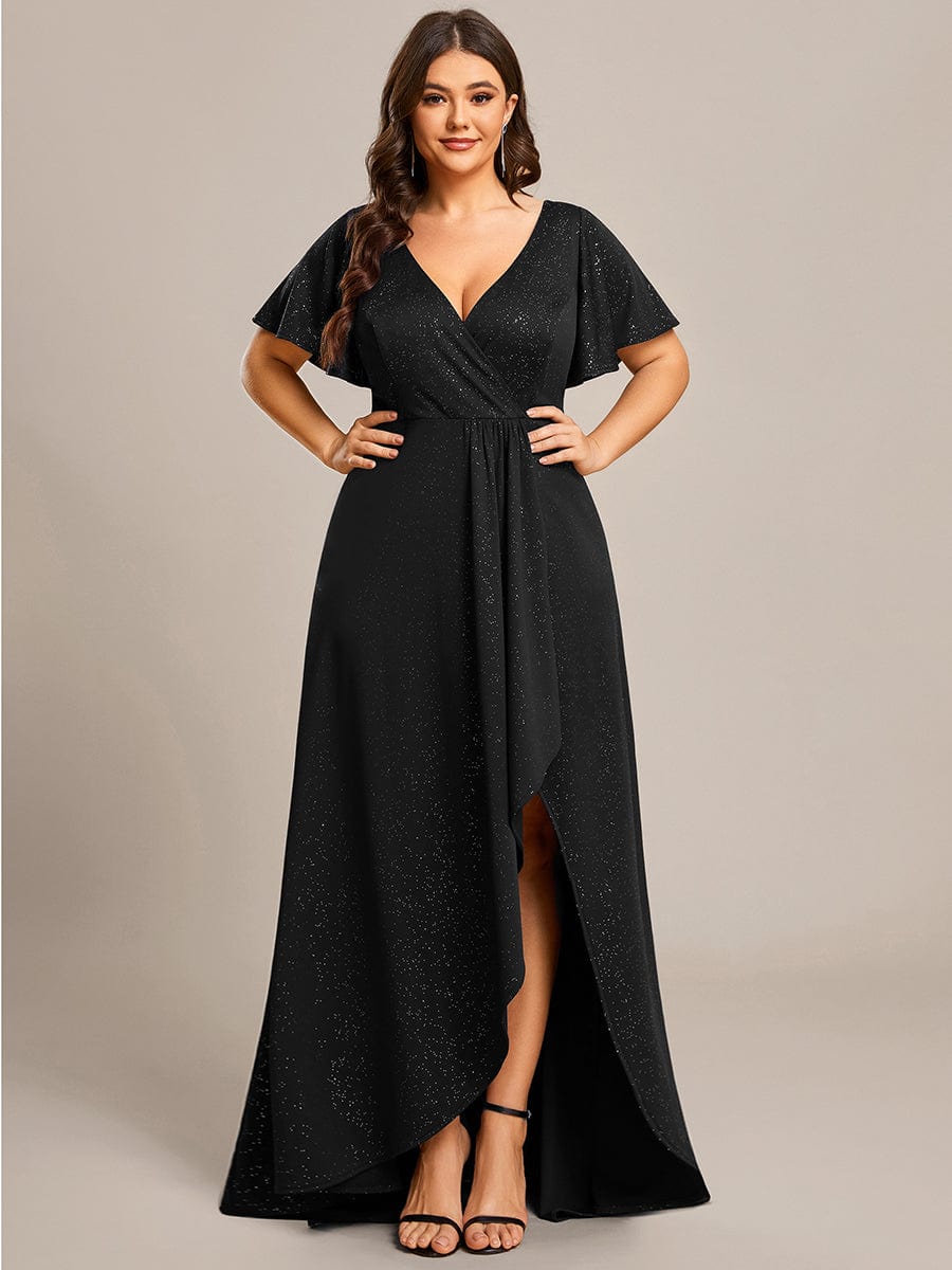 Plus Size Glitter High-Low Front Slit Maxi Dress - Burgundy / 16 Plus Size Glitter High-Low Front Slit Maxi Dress - Burgundy / 16
