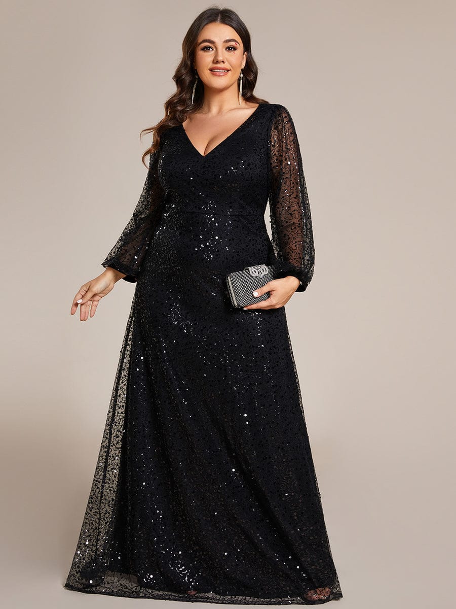 Plus Size V-Neck Sequin Maxi Dress | Lantern Long Sleeve Gown Ever-Pretty Plus Plus Size V-Neck Sequin Maxi Dress | Lantern Long Sleeve Gown Ever-Pretty Plus