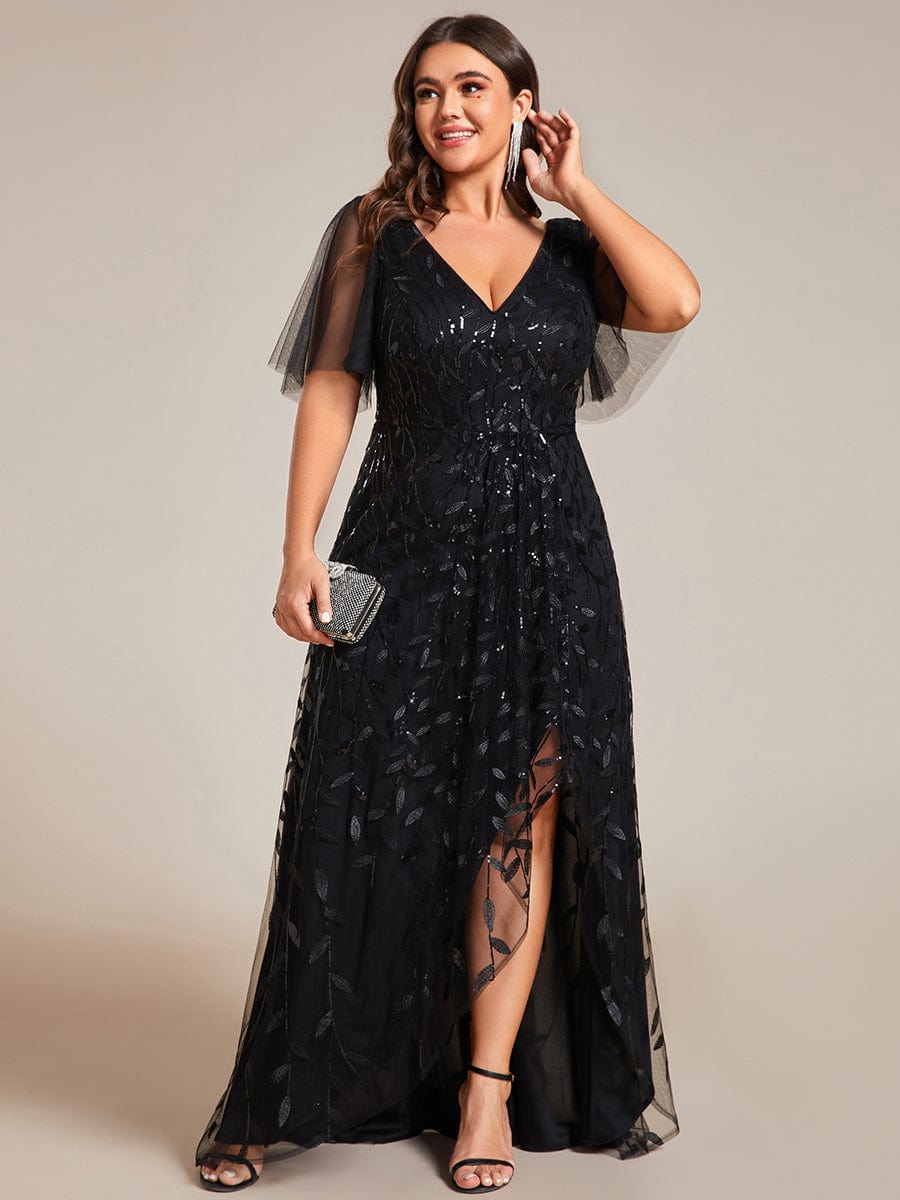 Shop Plus Size Short Sleeves Sequin High Low V-Neck Evening Dress Shop Plus Size Short Sleeves Sequin High Low V-Neck Evening Dress