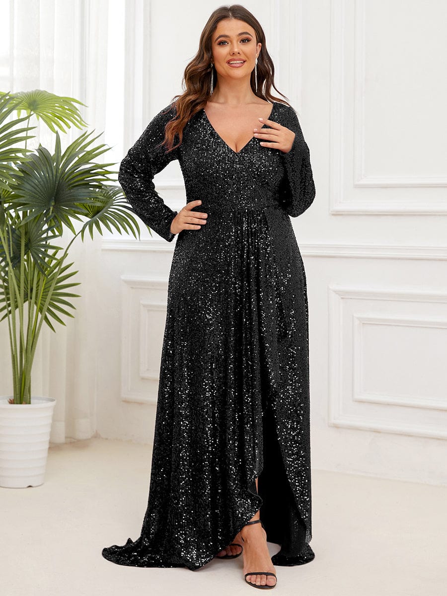 Plus Size Long Sleeve Sequin V-Neck Dress Ever-Pretty Plus Plus Size Long Sleeve Sequin V-Neck Dress Ever-Pretty Plus