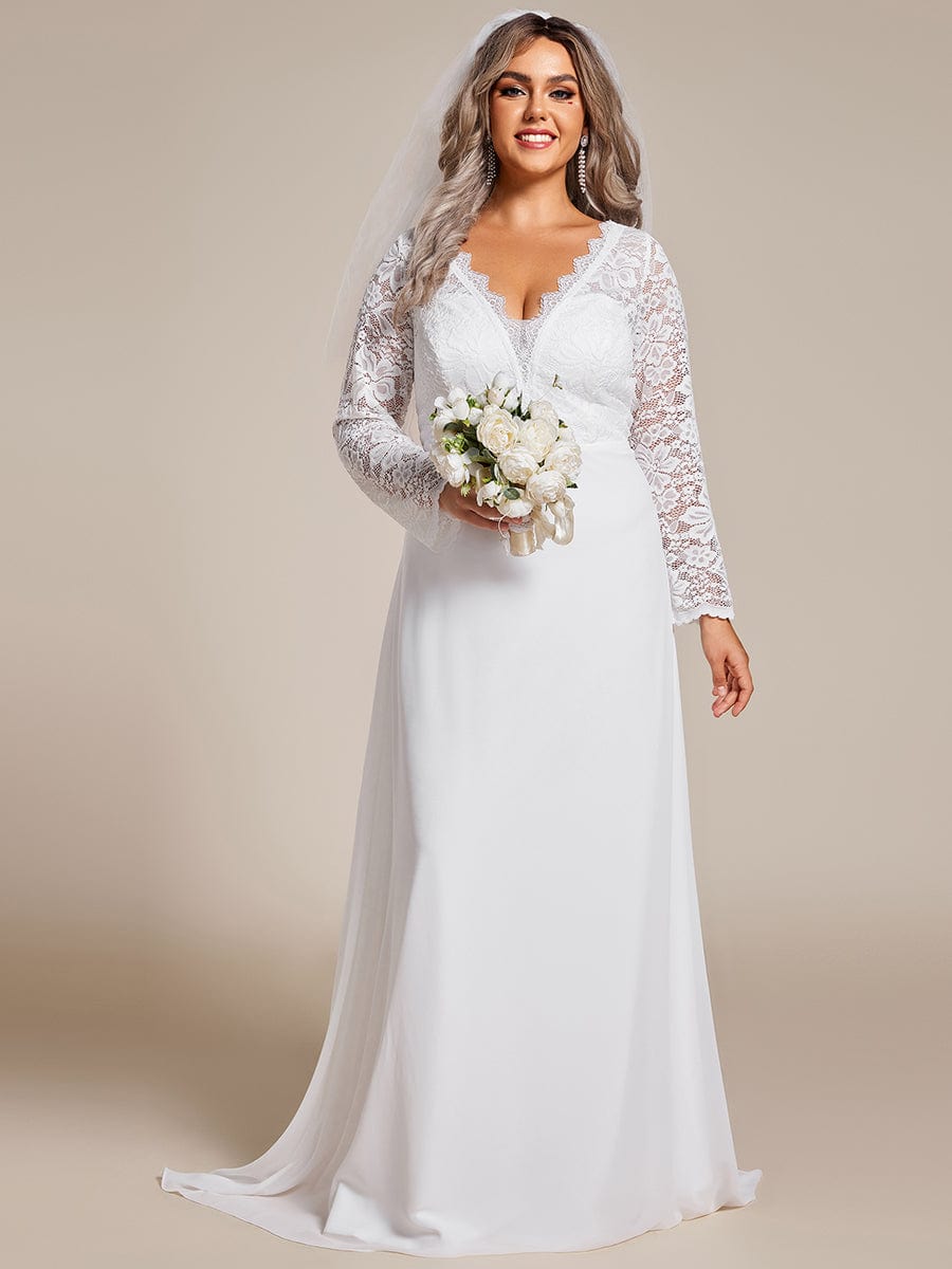 Plus Size Long Sleeves Bodycon V-Neck Lace Top Wedding Dress with Chiffon Ever-Pretty Plus Plus Size Long Sleeves Bodycon V-Neck Lace Top Wedding Dress with Chiffon Ever-Pretty Plus