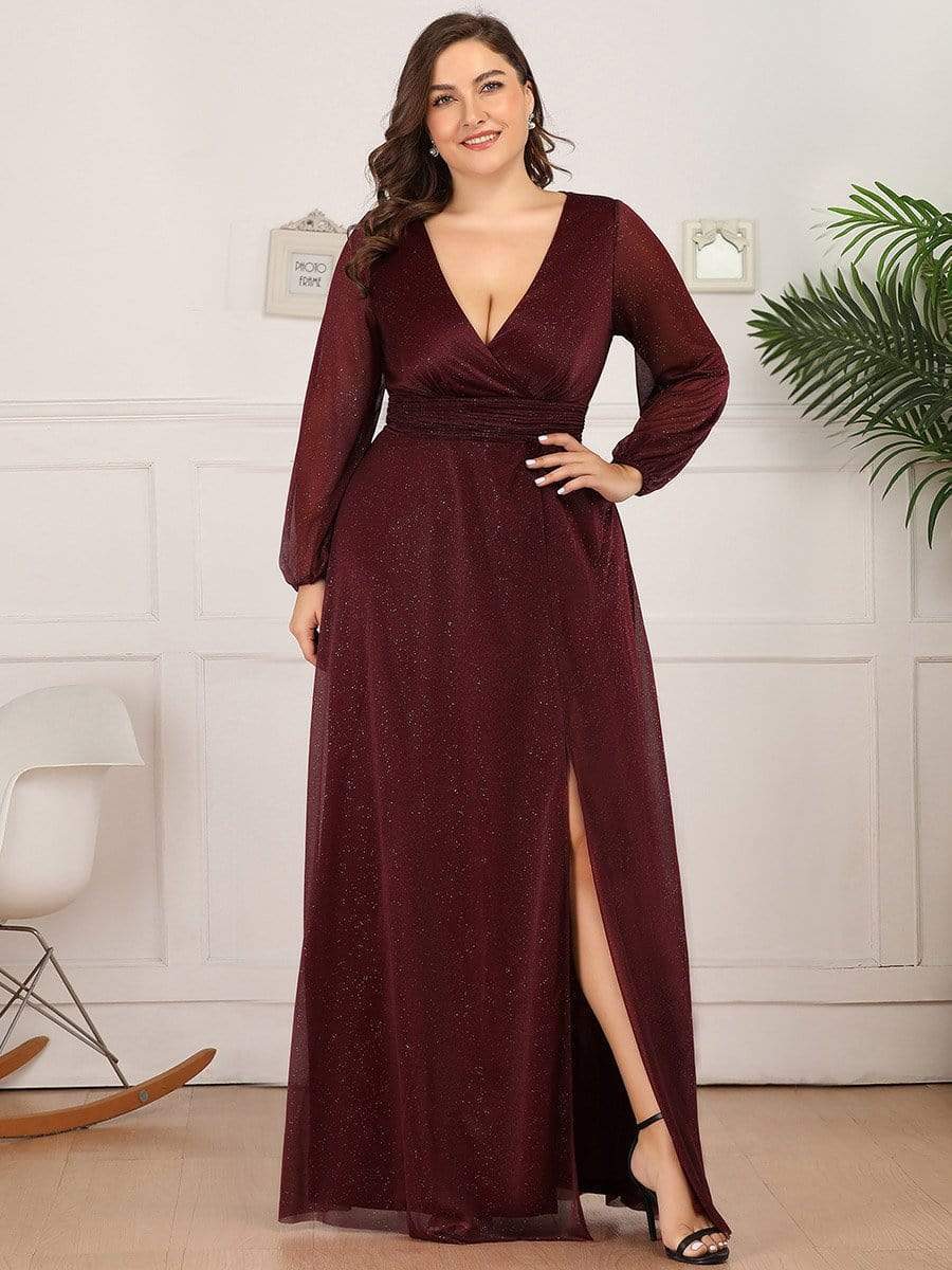 Shiny Plus Size Long Sleeve Maxi Dress with Slit – Ever-Pretty Plus