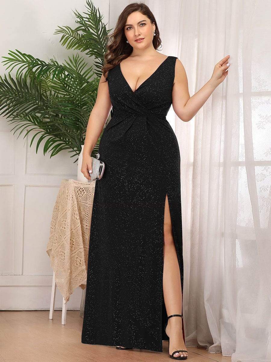 Plus Size Shiny Maxi Dress C V Neck, Side Slit, Evening Gown Ever-Pretty Plus Plus Size Shiny Maxi Dress C V Neck, Side Slit, Evening Gown Ever-Pretty Plus