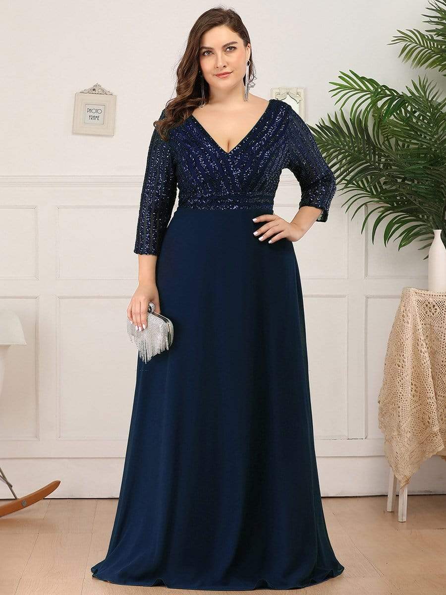 Plus Size V Neck A-Line Sequin Dress with Sleeves – Ever-Pretty Plus