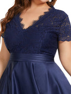 Plus Size V-neck Lace A-line Dress #color_Navy Blue