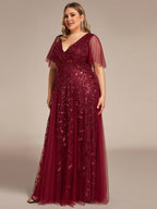 Plus Size Leaf Sequin Tulle A-Line Maxi Dress with Short Sleeves #color_Burgundy