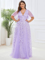 Plus Size Leaf Sequin Tulle A-Line Maxi Dress with Short Sleeves #color_Lavender