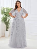 Plus Size Leaf Sequin Tulle A-Line Maxi Dress with Short Sleeves #color_Silver