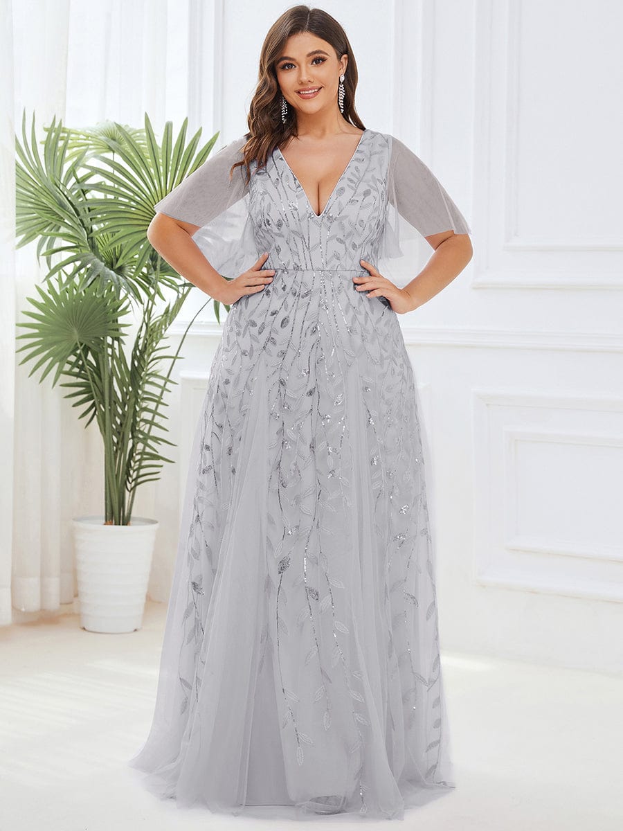 Plus Size Leaf Sequin Tulle A-Line Maxi Dress with Short Sleeves #color_Silver