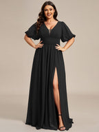 Illusion V-Neck Plus Size Maxi Dress with Slit #color_Black