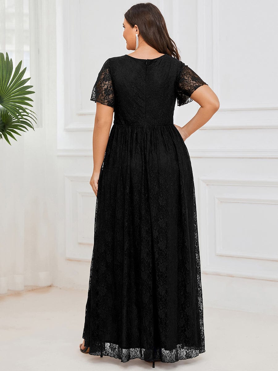 Ruffled Lace High-Low Plus Size Dress with Short Sleeves - Black / 16 Ruffled Lace High-Low Plus Size Dress with Short Sleeves - Black / 16