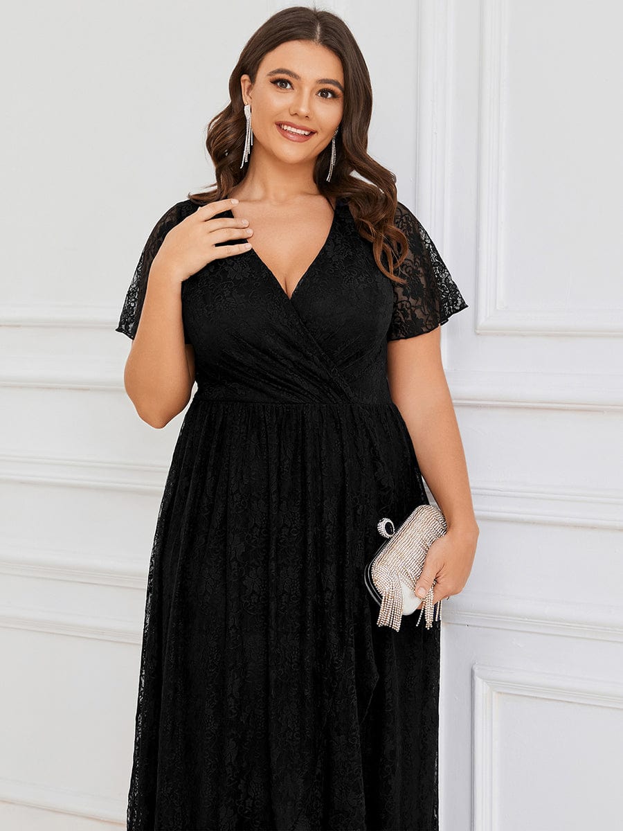 black lace plus size dress Ever-Pretty Empire Waist V-Neck Short Sleeve A-Line Formal Occasion Dress Welcome a sophisticated silhouette to your new season dress collection Plus Size Ruffled Lace High-Low