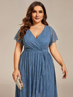 Ruffled Lace High-Low Plus Size Dress with Short Sleeves #color_Dusty Blue