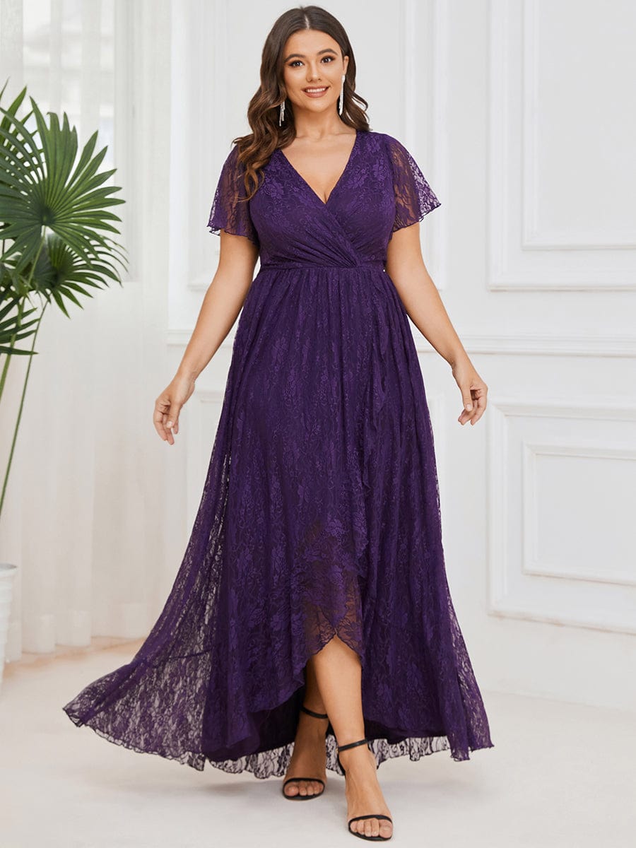 Plus Size Ruffled Lace High-Low Dress | Elegant V-Neck Ever-Pretty Plus Plus Size Ruffled Lace High-Low Dress | Elegant V-Neck Ever-Pretty Plus