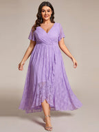Ruffled Lace High-Low Plus Size Dress with Short Sleeves #color_Lavender