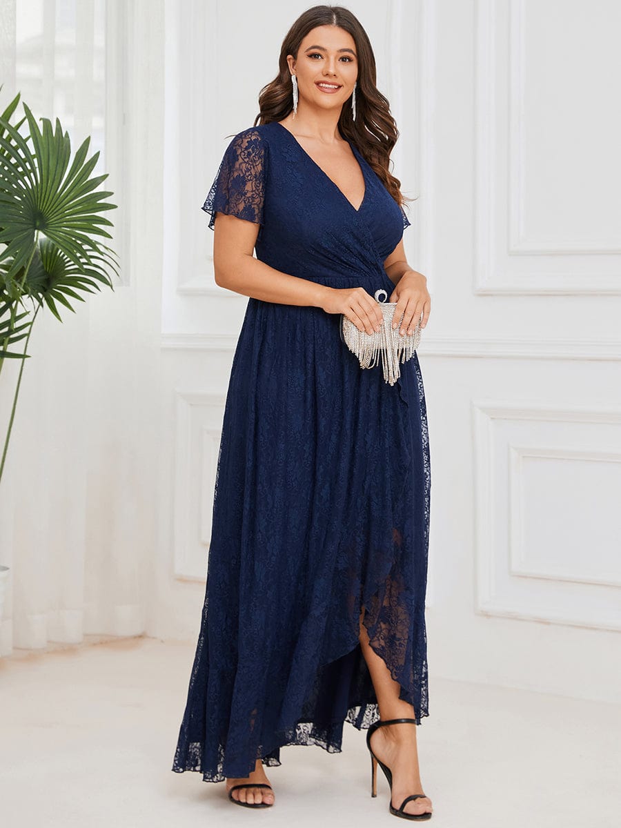 Plus Size Ruffled Lace High-Low Dress | Elegant V-Neck Ever-Pretty Plus Plus Size Ruffled Lace High-Low Dress | Elegant V-Neck Ever-Pretty Plus