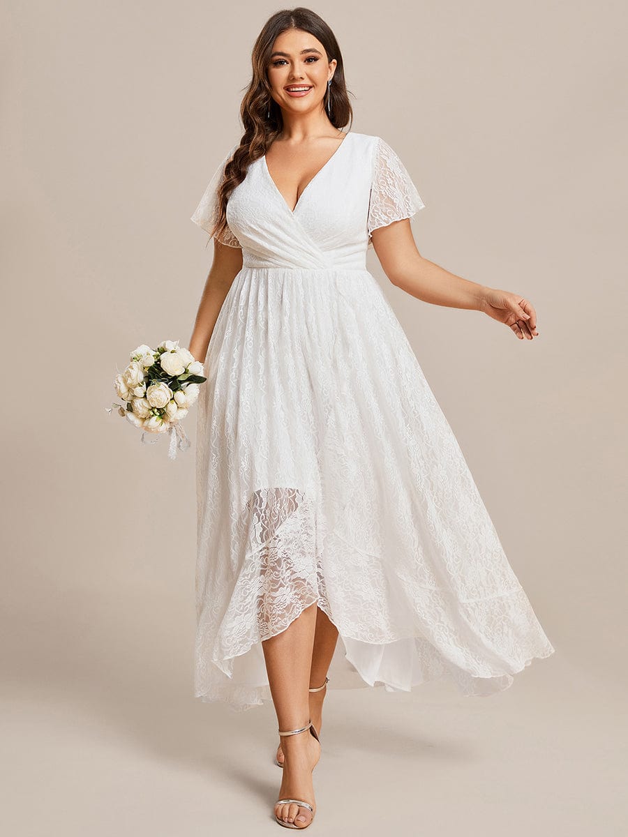 Plus Size Ruffled Lace High-Low Dress | Elegant V-Neck Ever-Pretty Plus Plus Size Ruffled Lace High-Low Dress | Elegant V-Neck Ever-Pretty Plus