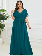 Plus Size Pleated Chiffon Tie-Waist Maxi Dress #color_Teal