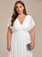 Plus Size Pleated Chiffon Tie-Waist Maxi Dress #color_White
