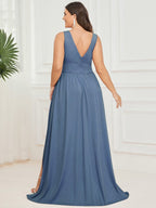 Plus Size V Neck High Slit Dress #color_Dusty Blue
