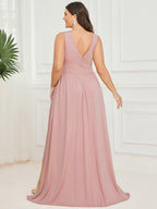Plus Size V Neck High Slit Dress #color_Pink