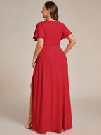 Plus Size Glitter High-Low Front Slit Maxi Dress #color_Red