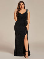 Plus Size V-Neck Sequin Strap Glitter Maxi Dress with High Slit #color_Black