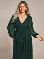Glitter Empire Waist Plus Size Maxi Dress with Long Sleeves #color_Dark Green