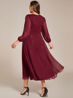 Plus Size Long Sleeve Twist Knot Glitter Midi Dress #color_Burgundy