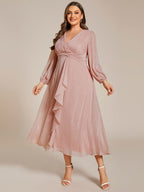 Plus Size Long Sleeve Twist Knot Glitter Midi Dress #color_Dusty Rose