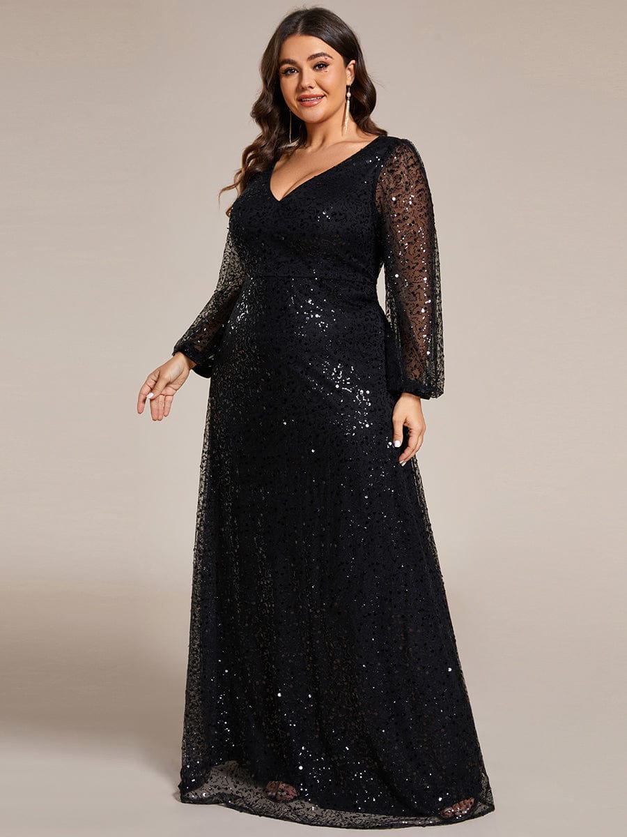 Plus Size V-Neck Sequin Maxi Dress | Lantern Long Sleeve Gown Ever-Pretty Plus Plus Size V-Neck Sequin Maxi Dress | Lantern Long Sleeve Gown Ever-Pretty Plus