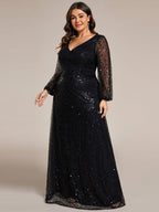 Plus Size V-Neck Lantern Long Sleeve Sequin A-Line Maxi Dress #color_Black
