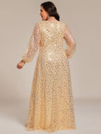 Plus Size V-Neck Lantern Long Sleeve Sequin A-Line Maxi Dress #color_Gold