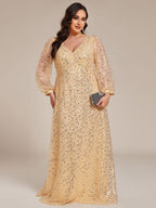 Plus Size V-Neck Lantern Long Sleeve Sequin A-Line Maxi Dress #color_Gold