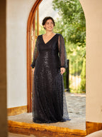 Plus Size V-Neck Lantern Long Sleeve Sequin A-Line Maxi Dress #color_Navy Blue