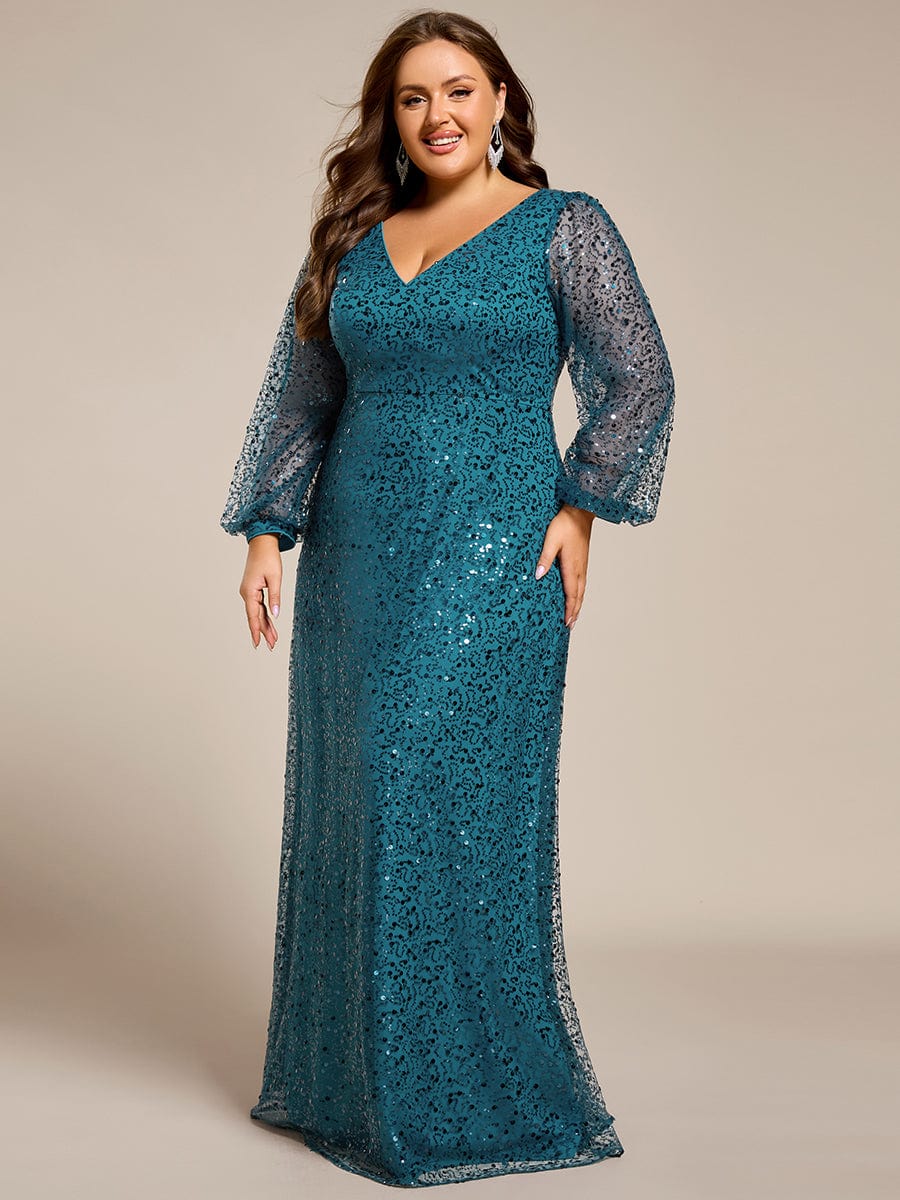 Plus Size V-Neck Sequin Maxi Dress | Lantern Long Sleeve Gown Ever-Pretty Plus Plus Size V-Neck Sequin Maxi Dress | Lantern Long Sleeve Gown Ever-Pretty Plus