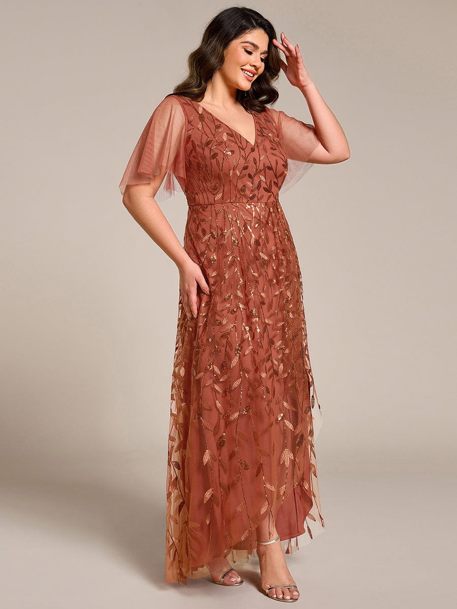 Plus Size Sequin V-Neck Dress #color_Burnt Orange