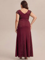 Plus Size Knotted Knit Cap Sleeve Maxi Glitter Evening Dress #color_Burgundy