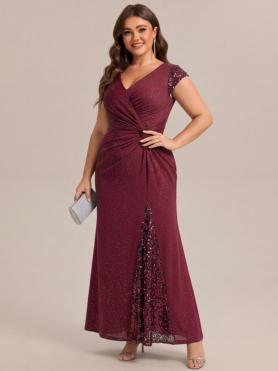 Plus Size Knotted Knit Cap Sleeve Maxi Glitter Evening Dress #color_Burgundy