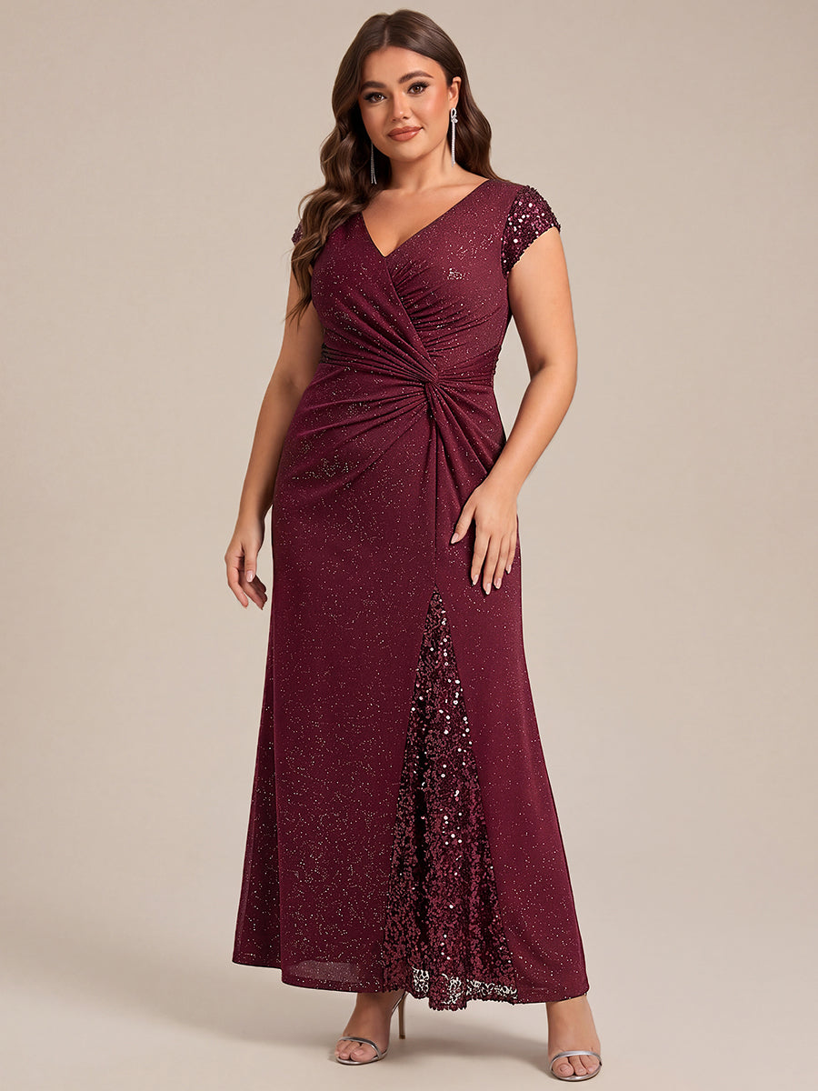 Plus Size Knotted Knit Cap Sleeve Maxi Glitter Evening Dress #color_Burgundy