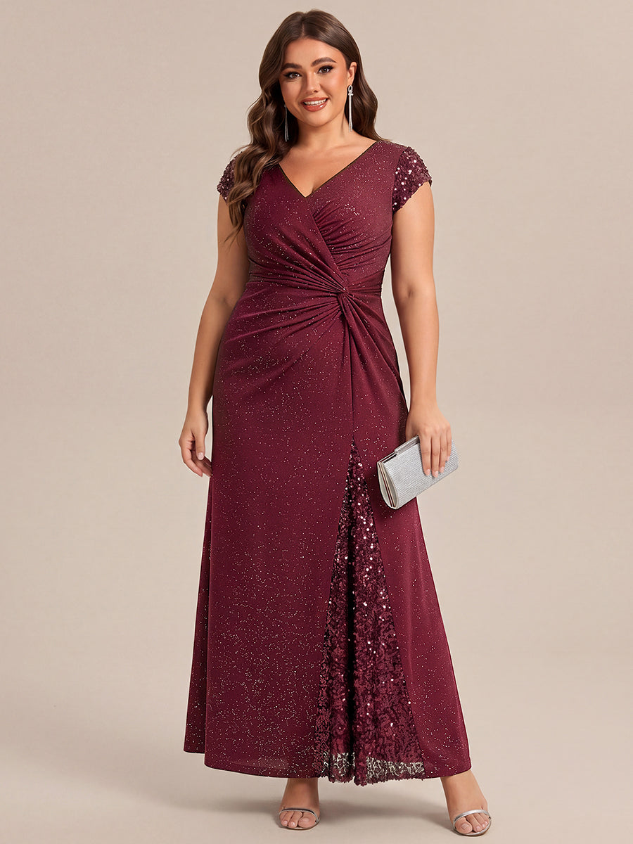 Plus Size Knotted Knit Cap Sleeve Maxi Glitter Evening Dress #color_Burgundy
