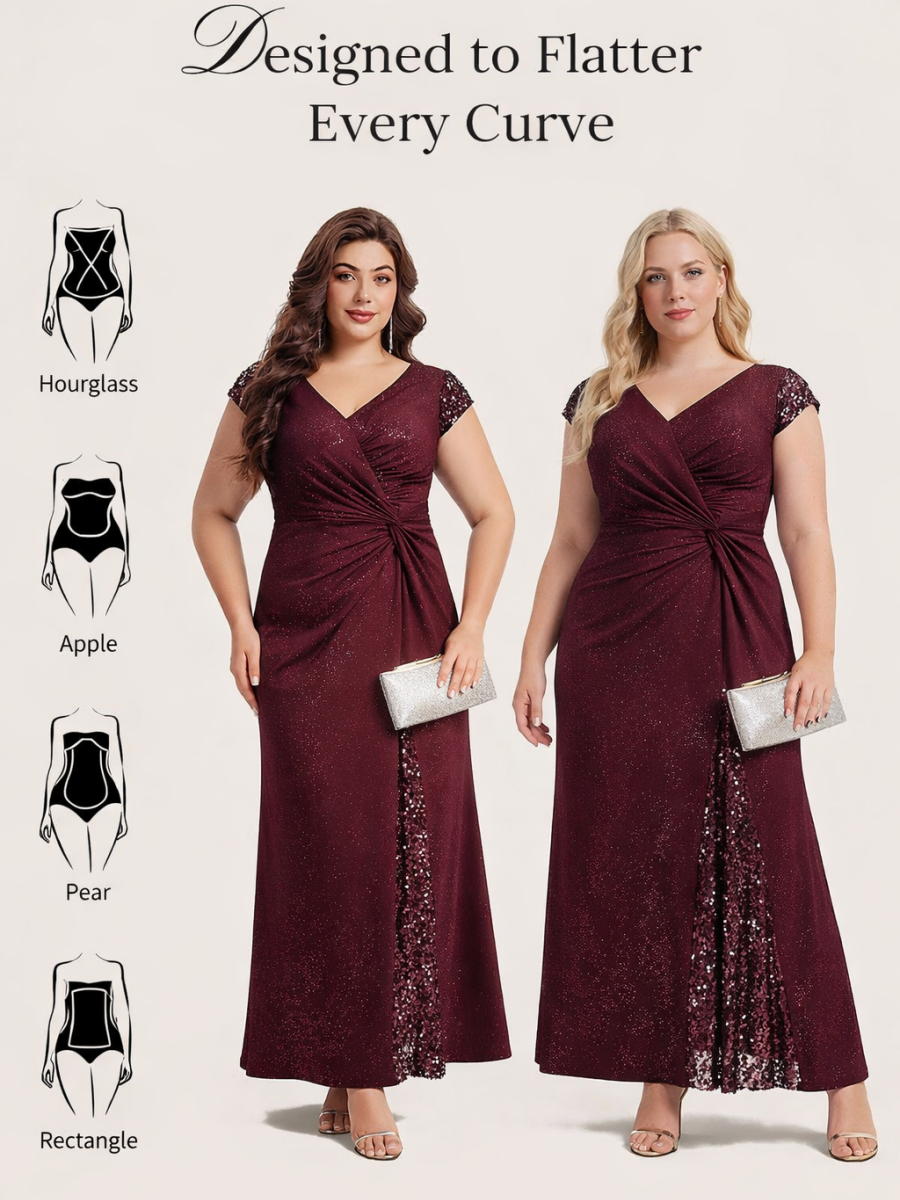Plus Size Knotted Knit Cap Sleeve Maxi Glitter Evening Dress #color_Burgundy