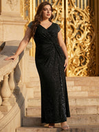 Plus Size Knotted Knit Cap Sleeve Maxi Glitter Evening Dress #color_Black