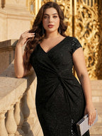 Plus Size Knotted Knit Cap Sleeve Maxi Glitter Evening Dress #color_Black