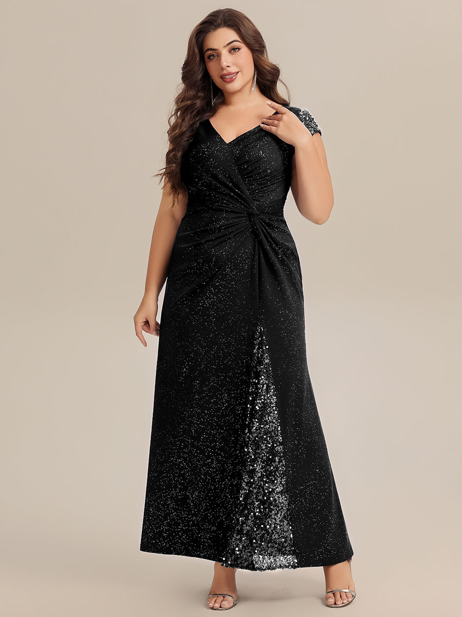 Plus Size Knotted Knit Cap Sleeve Maxi Glitter Evening Dress #color_Black