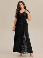 Plus Size Knotted Knit Cap Sleeve Maxi Glitter Evening Dress #color_Black