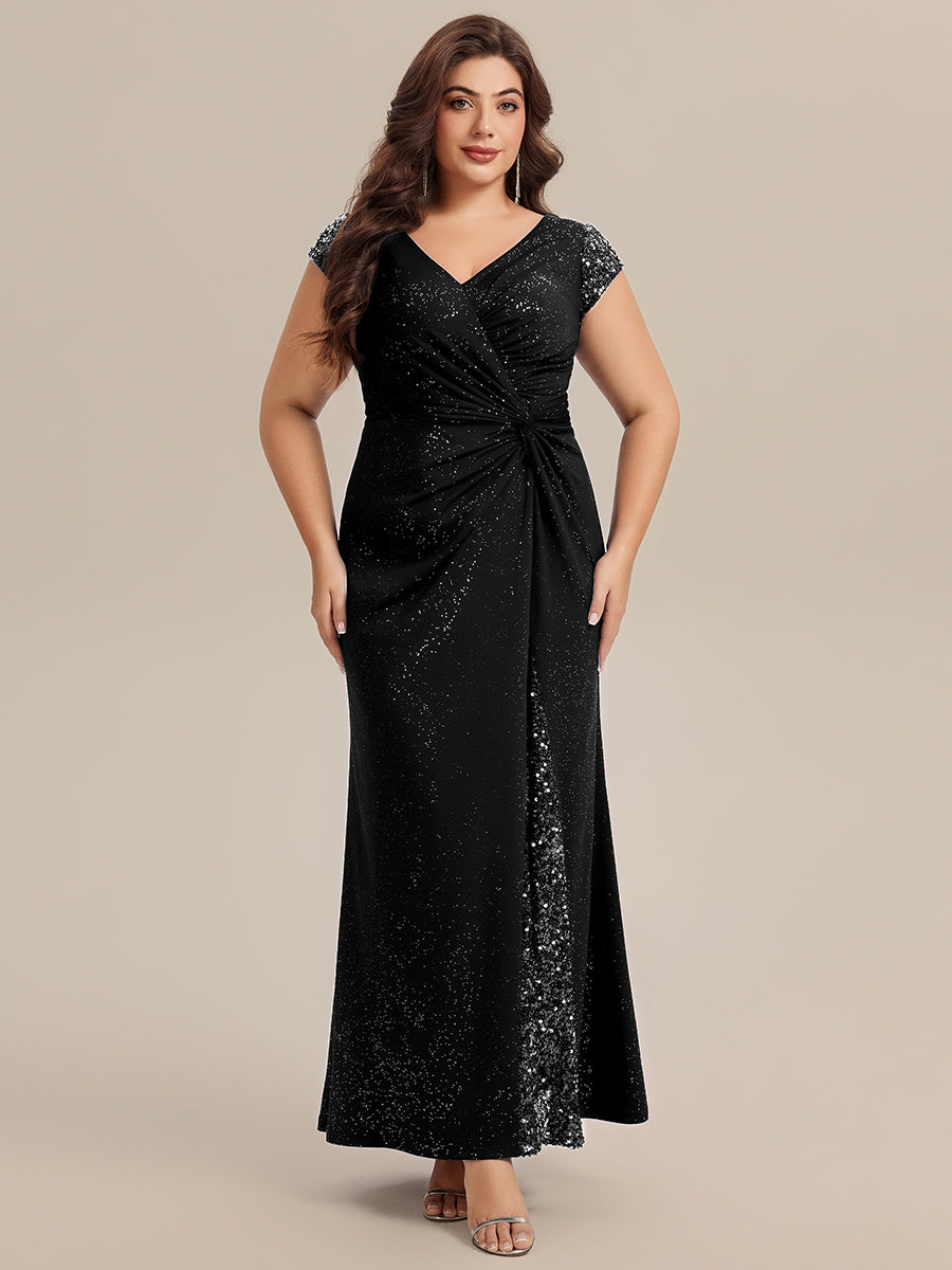 Plus Size Knotted Knit Cap Sleeve Maxi Glitter Evening Dress #color_Black