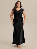 Plus Size Knotted Knit Cap Sleeve Maxi Glitter Evening Dress #color_Black